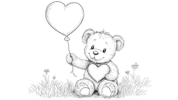 Photo adorable teddy bear holding heartshaped balloon for children39s coloring