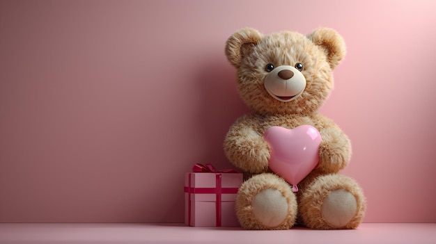 Adorable Teddy Bear Holding a Pink Heart Gift Box on the Side Perfect for Valentines Birthdays