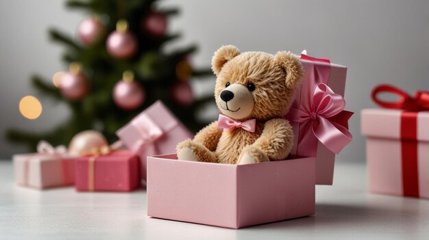 Adorable Teddy Bear in a Pink Gift Box on White Background