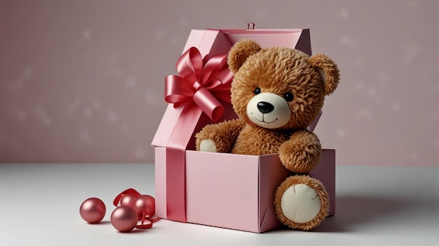 Adorable Teddy Bear in a Pink Gift Box on White Background