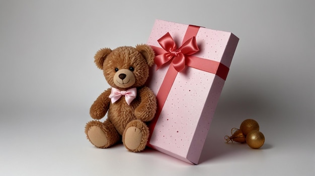 Photo adorable teddy bear in a pink gift box on white background