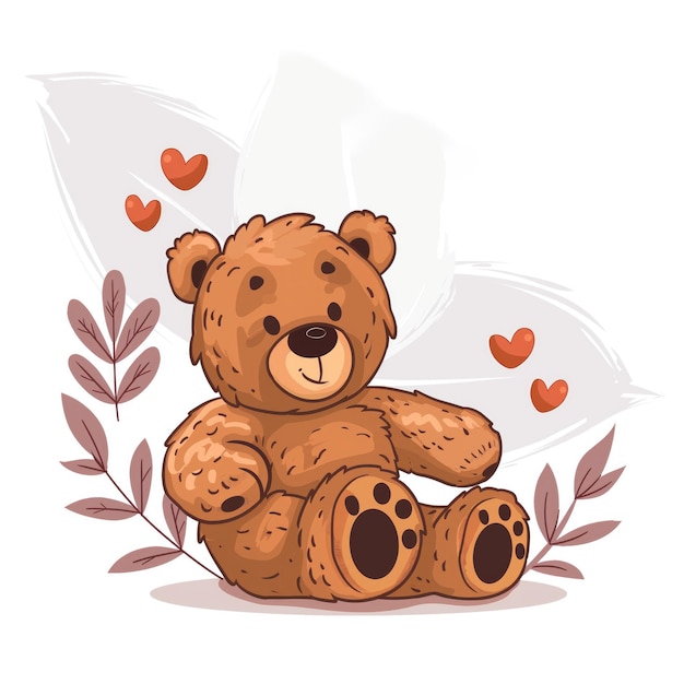 Photo adorable teddy bear with hearts and leaves illustration on white background