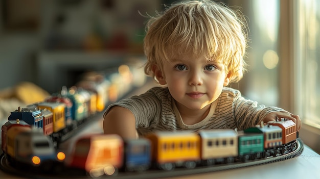 Adorable Toddler Boy Playing with Toy Train Set