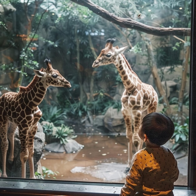 Adorable toddler and giraffes share a moment of joy