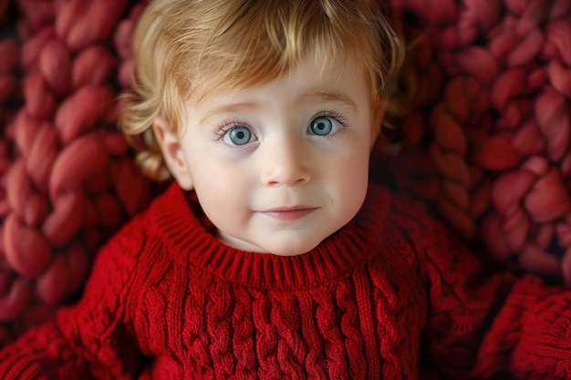 Adorable toddler with big blue eyes on red knit background