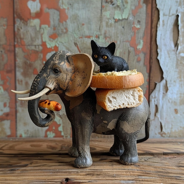 Photo adorable toy elephant with a black cat companion enjoys a tasty treat of bread and hummus