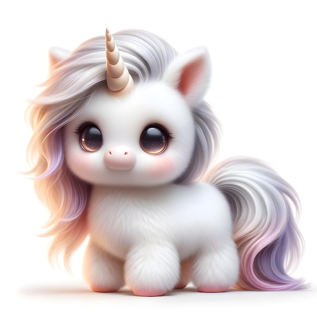 Adorable unicorn with pastel mane sparkling eyes and a spiraled horn exudes charm against a white