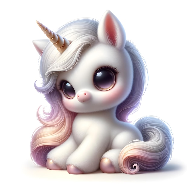 Adorable unicorn with pastel mane sparkling eyes and a spiraled horn exudes charm against a white