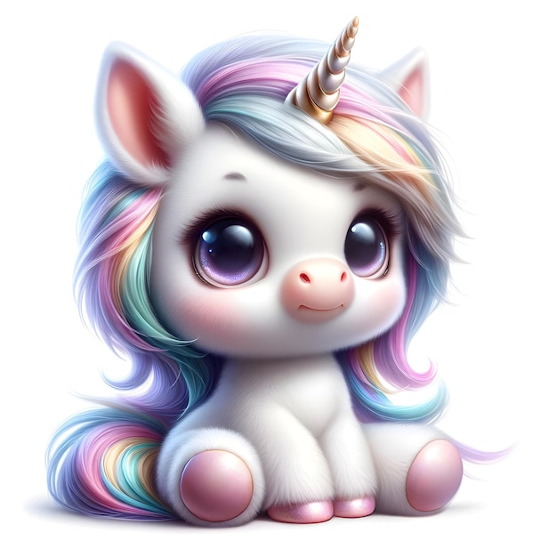 Adorable unicorn with pastel mane sparkling eyes and a spiraled horn exudes charm against a white