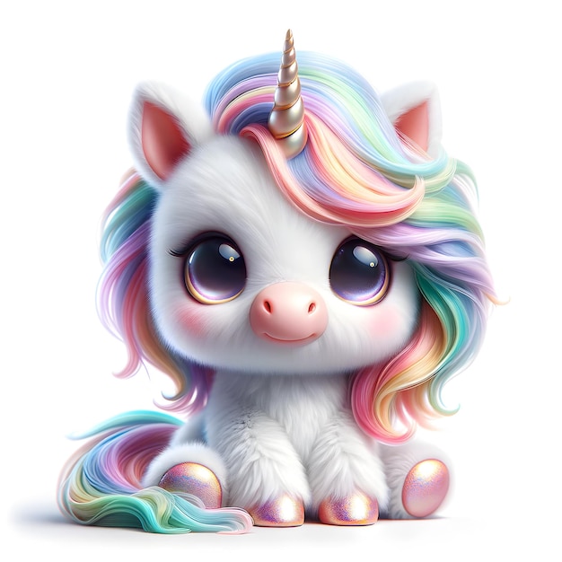 Adorable unicorn with pastel mane sparkling eyes and a spiraled horn exudes charm against a white