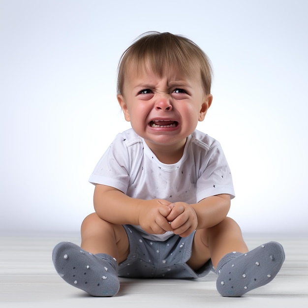 Adorable upset little boy in diaper is sitting and crying isolated on white background