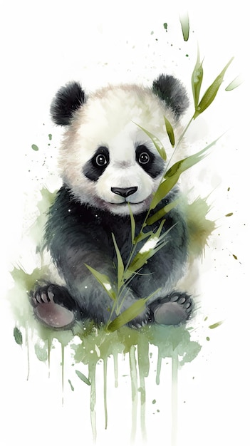 Adorable Watercolor Baby Panda Eating Bamboo on White Background