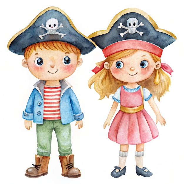 Photo adorable watercolor illustration of a boy and girl dressed as pirates symbolizing childhood ad