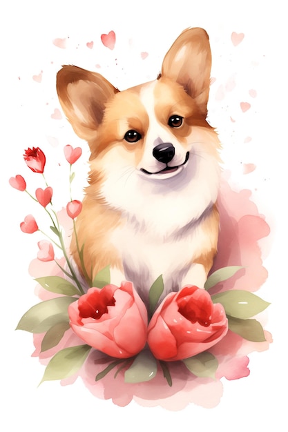 Adorable watercolor illustration of corgi dog and flowers on valentines day card