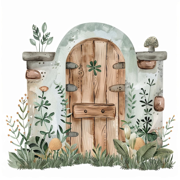 Photo adorable watercolor illustration of a cute cartoon magical garden gate in neutral colors full view on white background