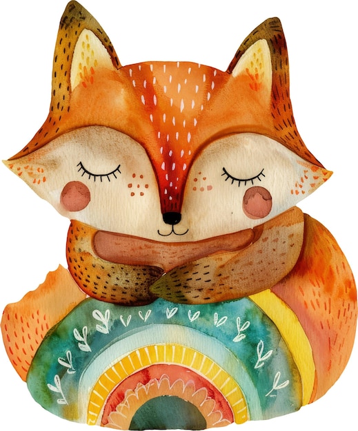 Photo adorable watercolor illustration of a cute fox holding a rainbow with closed eyes