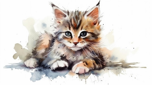 Adorable Watercolor Illustration of a Kitten on a White Background