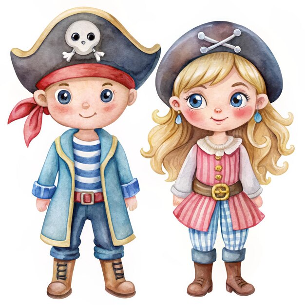 Adorable watercolor illustration of a pirate boy and girl with a charming and playful spirit