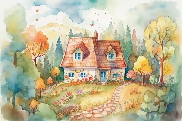 Adorable watercolor painting house in the field with flowers and trees Pencil drawing