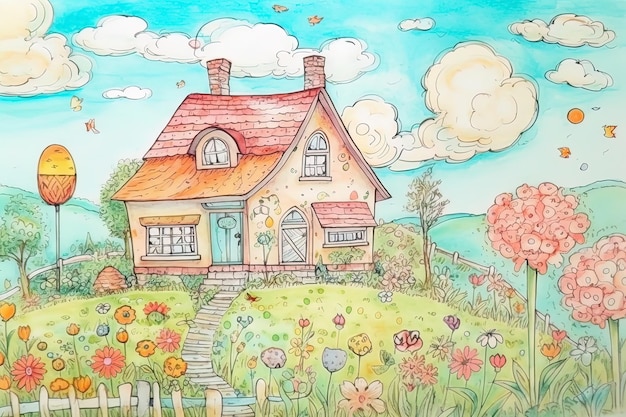 Adorable watercolor painting house in the field with flowers and trees Pencil drawing