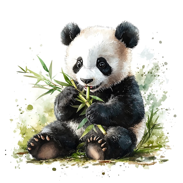 Adorable Watercolor Panda Cub Enjoying a Bamboo Snack