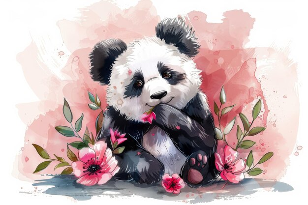 Adorable Watercolor Panda with Floral Accents