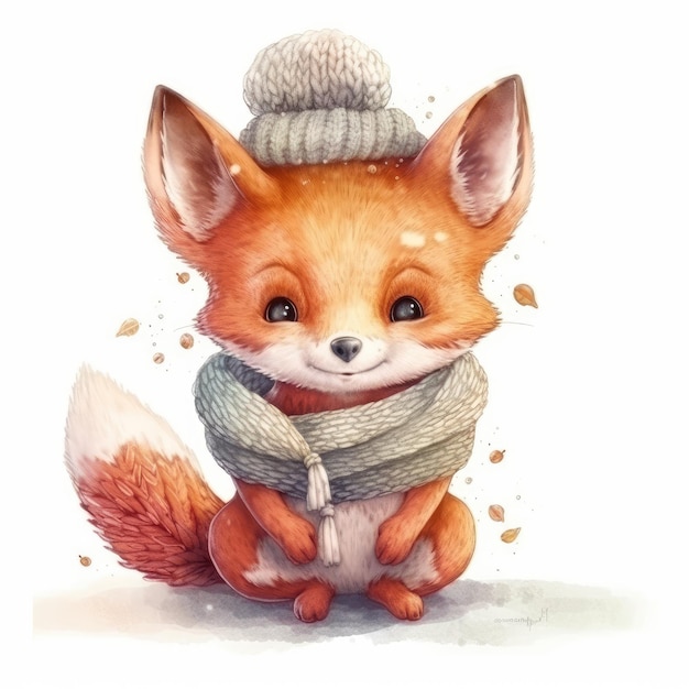 Adorable Watercolor Sketch of a Knitted Kawaii Baby Fox for Children's Book Illustration