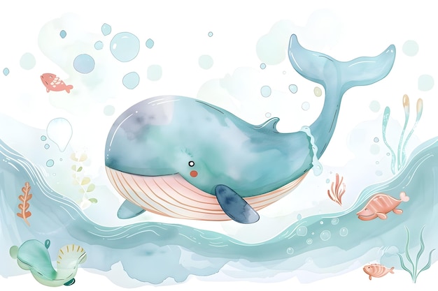 Adorable Watercolor Whale Surrounded by Friendly Underwater Creatures in Serene Seascape