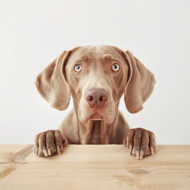 Photo adorable weimaraner dog with expressive eyes resting its paws on a wooden table ready for attention or play