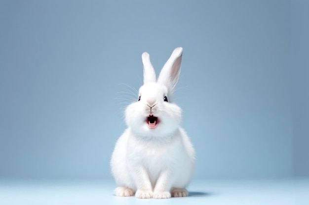 Adorable white bunny or rabbit pet with happy expression isolated with copy space for Easterthemed background Generative AI