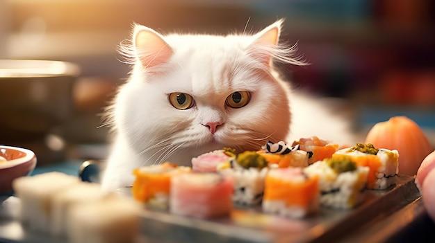 Adorable white cat eating salmon sushi Generative AI