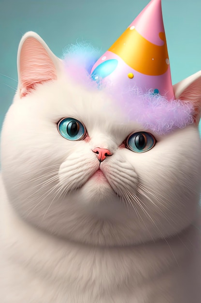 Adorable White cat with blue eyes wearing a party hat balloons and confetti cat celebrating his birthday