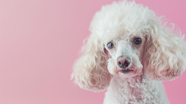 Adorable white fluffy poodle set against a soft pink background staring endearingly with big expressive eyes and curly fur