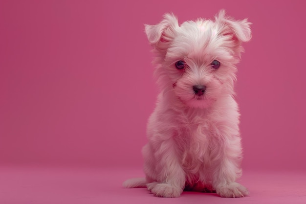 Adorable White Fluffy Puppy Sitting on a Vibrant Pink Background Looking Cute and Playful