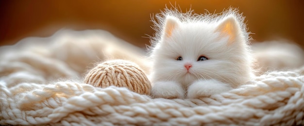 Photo adorable white kitten resting on a knit blanket