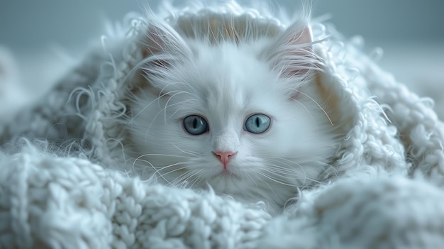 Photo adorable white kitten snuggled in cozy knit blanket on a soft winter morning