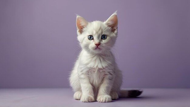 Adorable White Kitten with Blue Eyes on Pastel Purple Background AI Generative