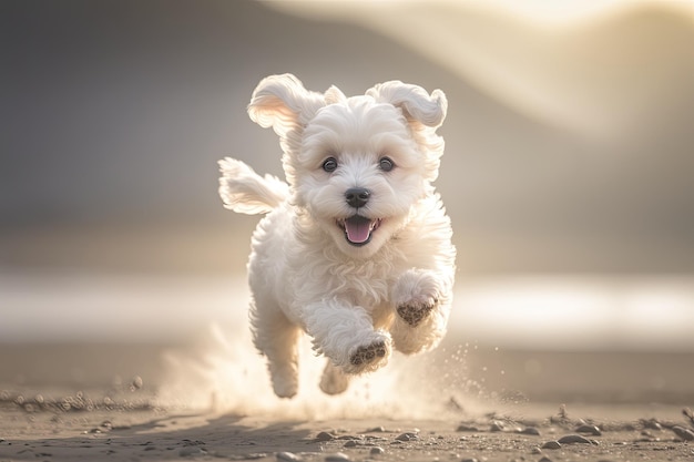 Adorable white puppy with a huge grin running