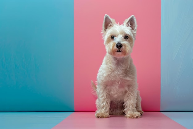 Adorable White West Highland Terrier Dog Sitting Against Pink and Blue Background in Studio