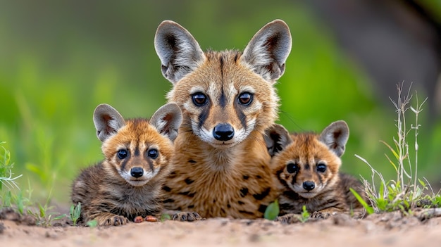 Adorable Wild Canines with Two Young Cubs in Nature