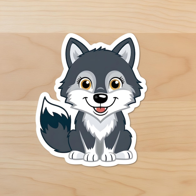 Adorable Wolf Sticker Design with Cheerful Expression and Fluffy Fur