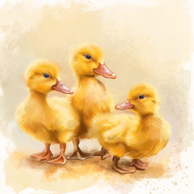 Adorable yellow ducklings standing together watercolor illustration Easter spring Happy Easter