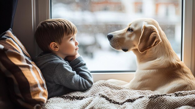 Photo adorable yellow labrador retriever and little boy heartwarming friendship