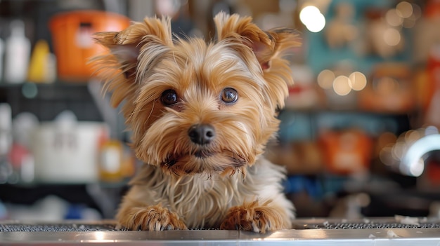 Adorable Yorkshire Terrier dog with brown fur staring curiously indoors with blurred background focused expression closeup shot