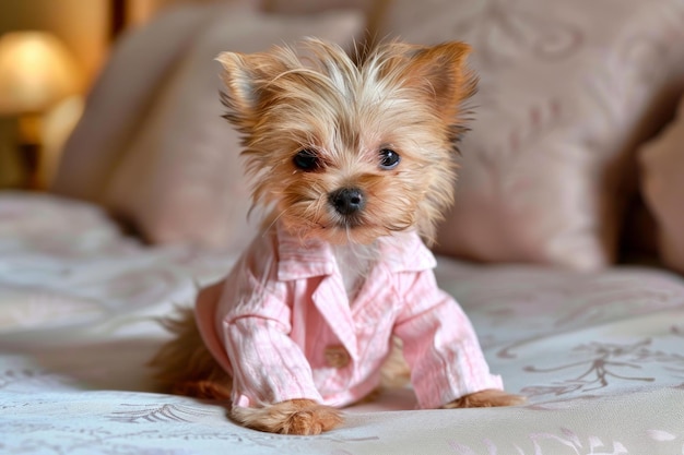 Adorable yorkshire terrier in pink striped shirt