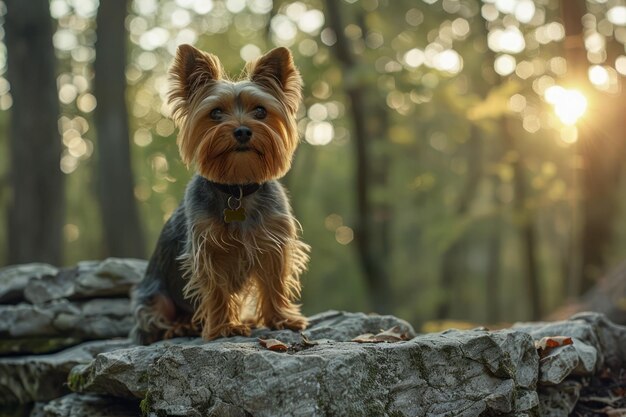 Adorable Yorkshire Terrier Sitting on Forest Log at Sunset Cute Small Dog Natural Outdoor Scene