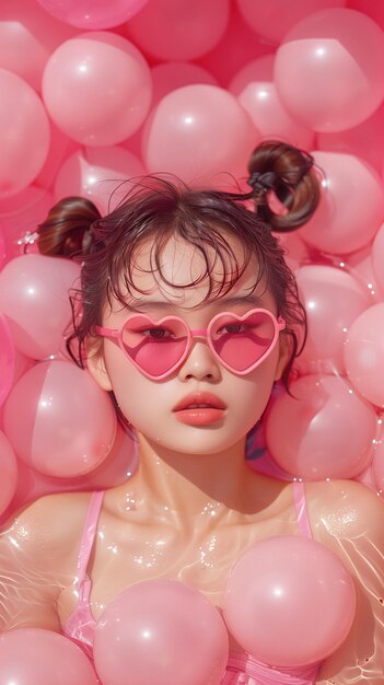 Photo adorable young asian girl with heart shaped sunglasses and festive pink balloons