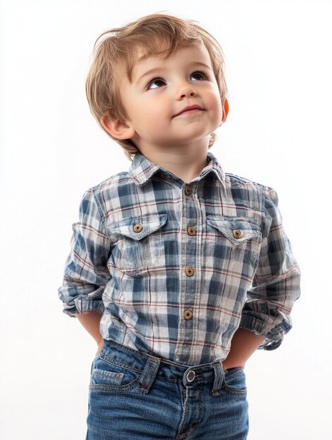 Adorable Young Boy in Plaid Shirt with Playful Expression