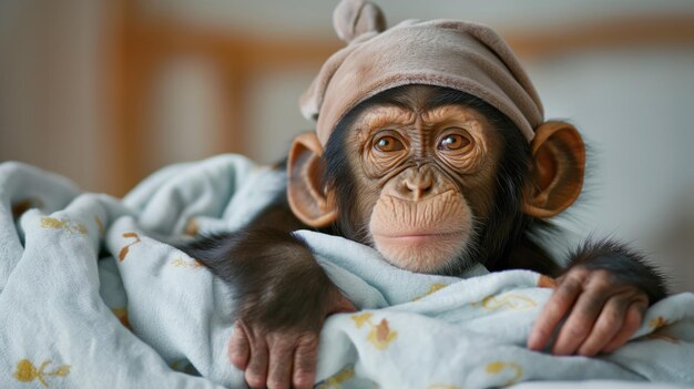 Adorable young chimpanzee wearing cozy pajamas and resting at home showcasing its intelligent and playful expression in a comfortable and anthropomorphic indoor setting