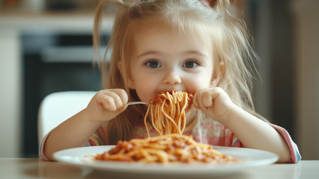 Adorable Young Girl Enjoying Delicious Spaghetti Bolognese at Home During Mealtime